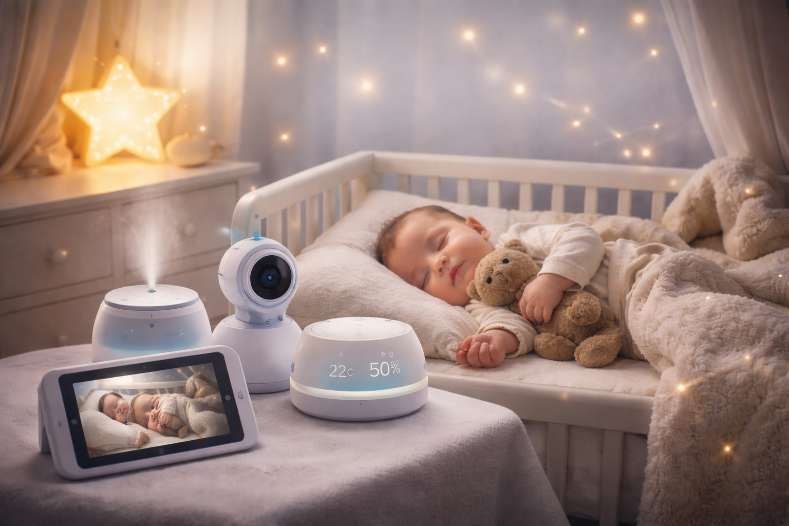 bébé dormant surveillé par baby monitor avec veilleuse et humidificateur