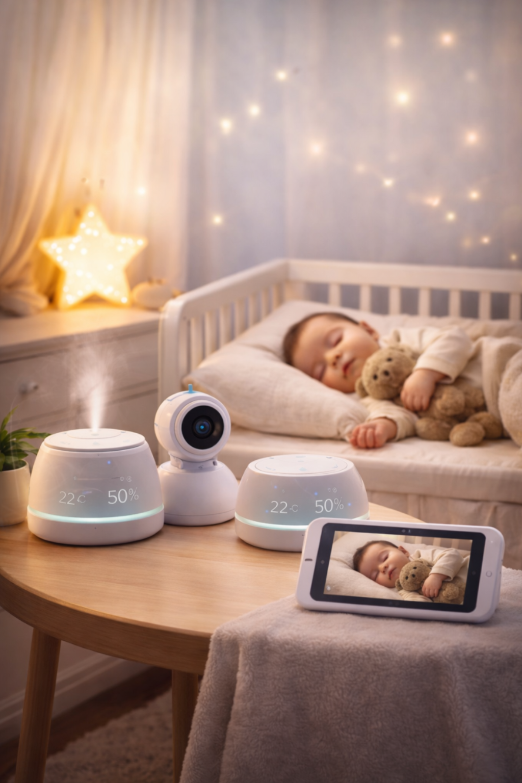 bébé dormant surveillé par baby monitor avec veilleuse et humidificateur