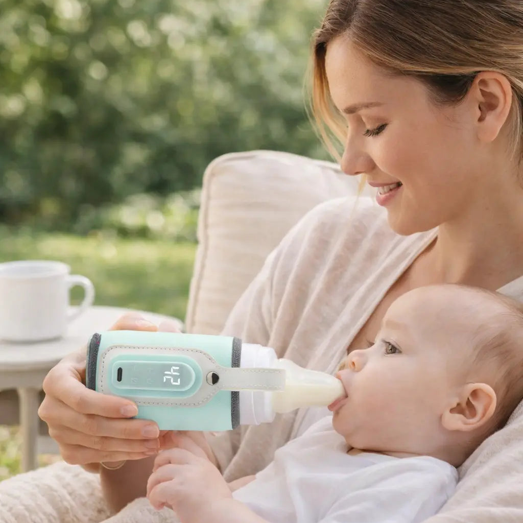 chauffe biberon portable tenue par une maman qui nourie son bebe